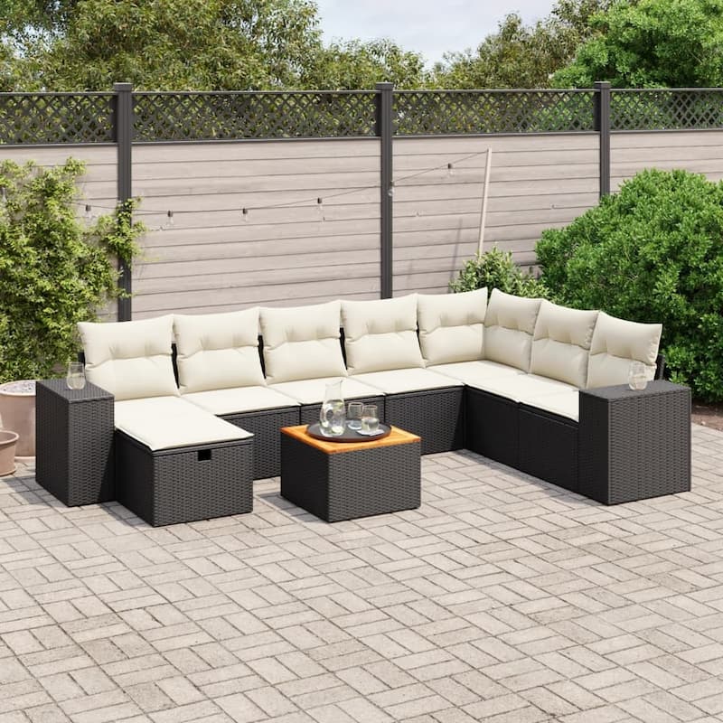 vidaXL Patio Sofa Set with Cushions Outdoor Furniture 9 Piece Poly Rattan - Black and cream without storage - 24.4 x 32.7 x 27.2 in