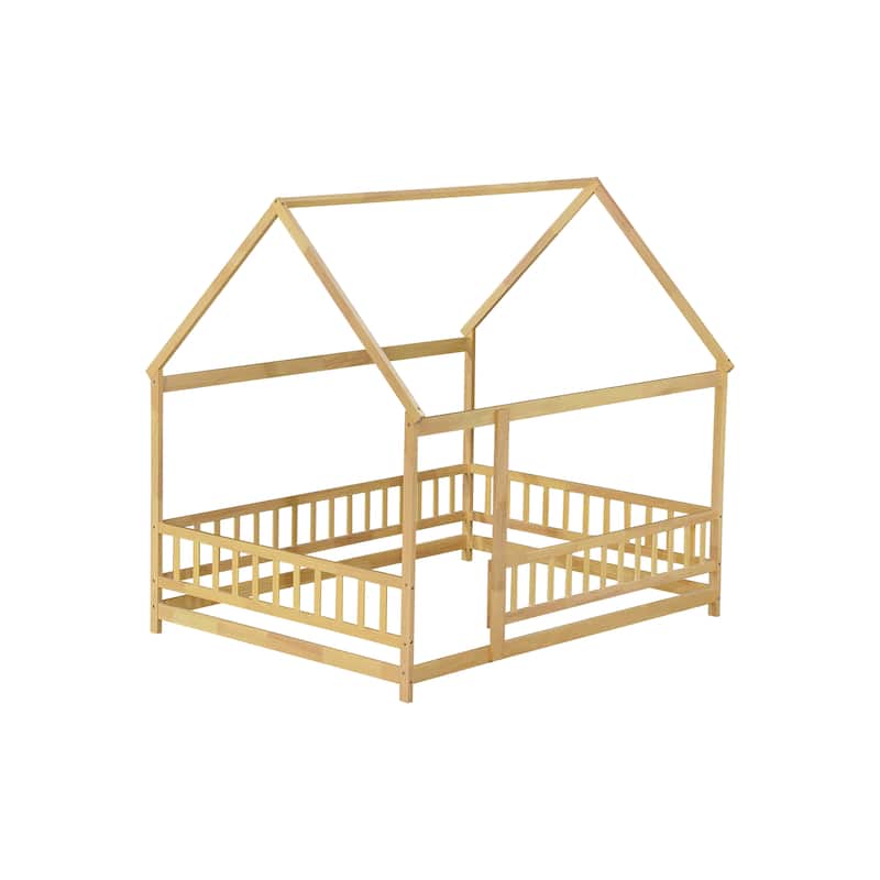 Full Size Wooden House Floor Bed with Roof Frame and Safety Guardrails, Natural Finish