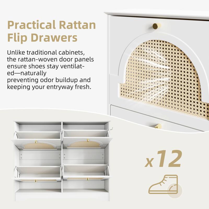 Mid-Century Narrow Tipping Bucket Shoe Cabinet with 4 Flip Drawers and Rattan Doors - 42.1" W × 8.3" D × 35.4" H