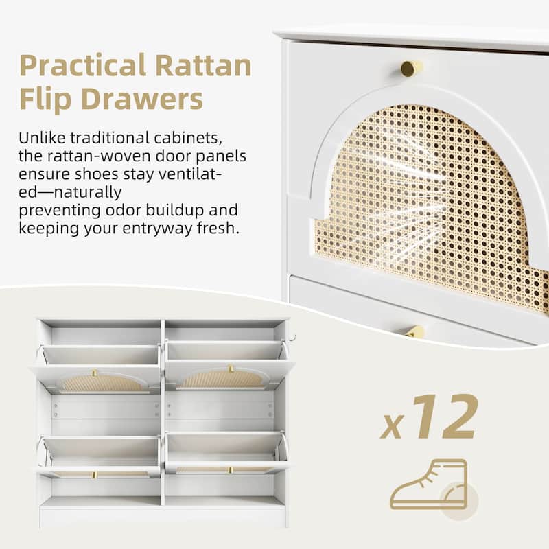 Mid-Century Rattan Flip Drawer Shoe Cabinet with 4 Narrow Doors, Entryway Organizer with Hooks, Freestanding Shoe Storage
