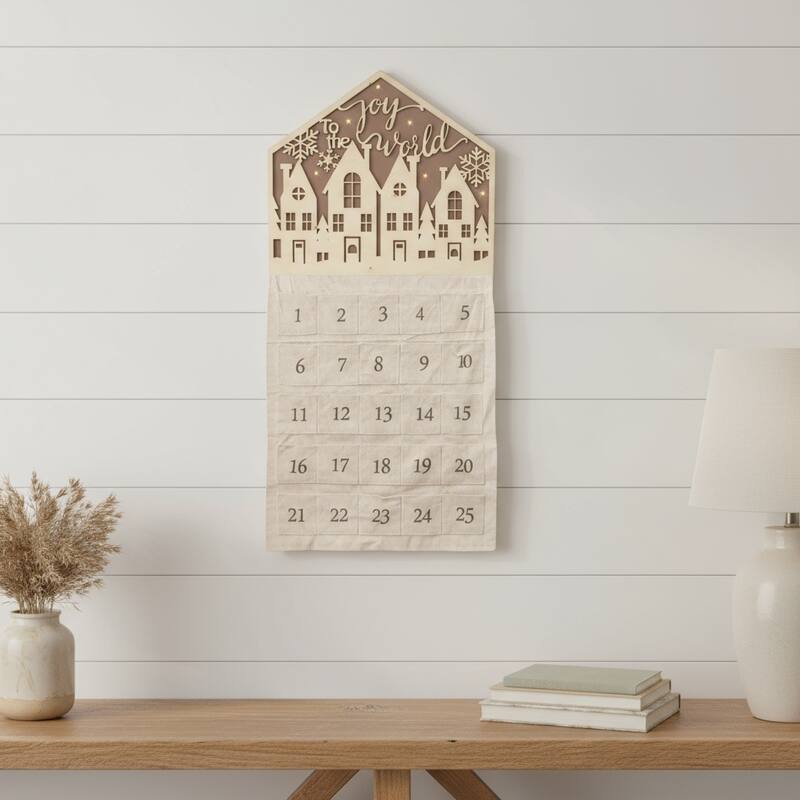HomeRoots 35" X 17" Beige Christmas Advent Calendar Joy to the World Wood Hanging Wall Decor - Beige - 16.50 in. x 34.50 in.  x 1.25 in.
