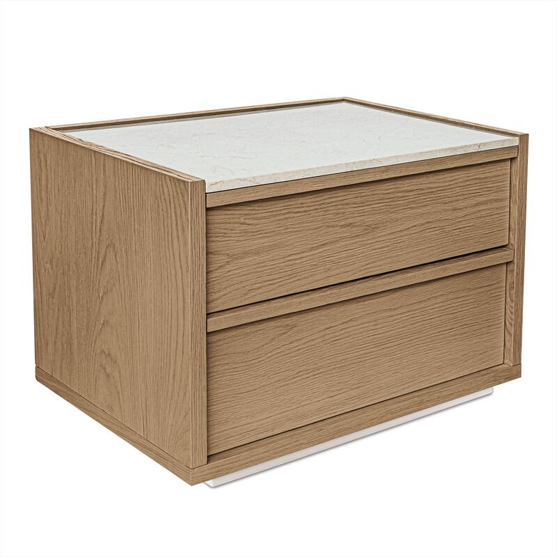 NADAAL STUDIOS Delmira Oak Wood and Rosa Marble 2-Drawer Nightstand with Metal Base