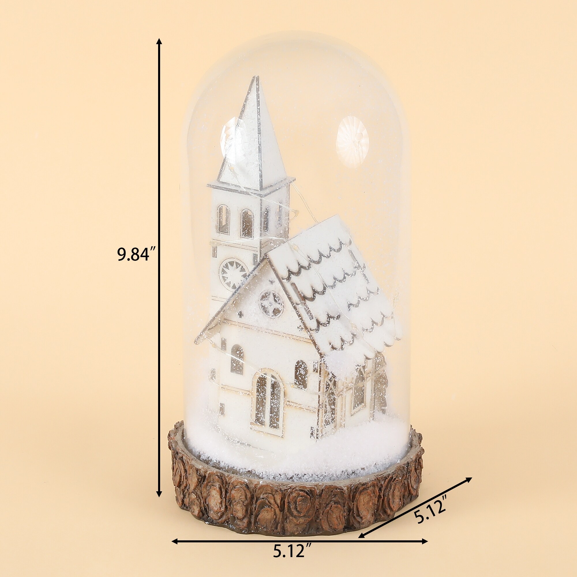 Lighted Christmas Snow-Covered White Church Glass Dome Battery-Operated  Lantern