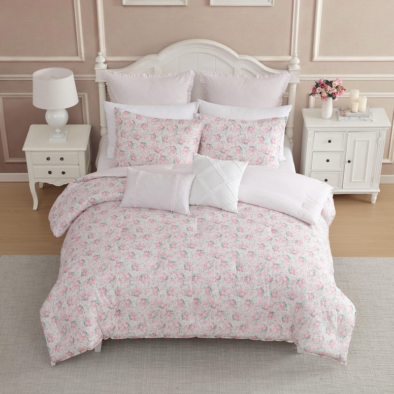 Laura Ashley Pamela's Posies Floral Reversible Stripe Breathable Cotton Comforter Set (Pink)