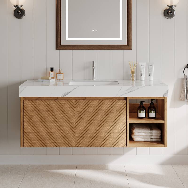 48" Modern Floating Single Bathroom Vanities, Solid Wood, Brown or natural wood, 2 Drawers