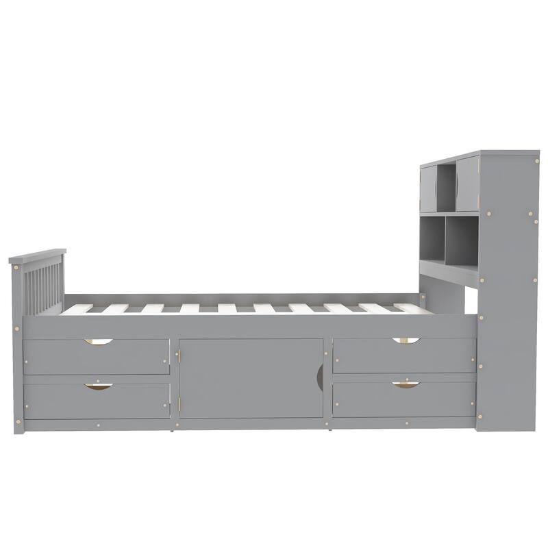 Full Size Storage Platform Bed Captain Bed with 4 Drawers and Storage Headboard, Wood Slats Support No Box Spring Needed