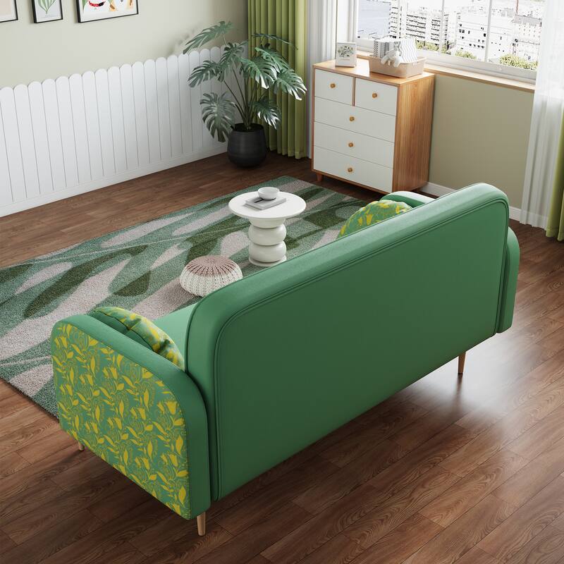 Modern Upholstered Two Seater Green Sofa with Tulip Pattern, Solid Wood Frame