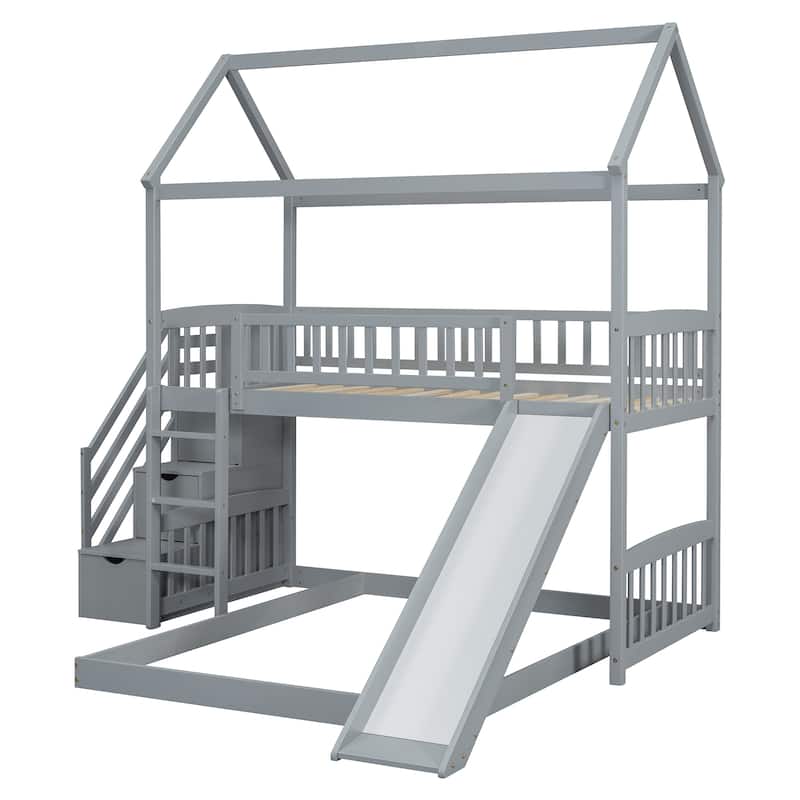 Gray Twin Over Twin Pine House Bunk Bed with Drawers and Slide
