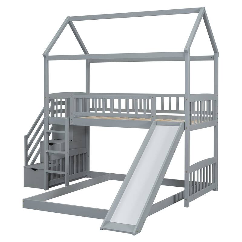 Twin Over Full Bunk Bed with Slide and Storage, Gray