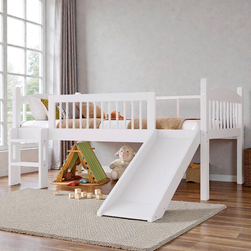 Twin XL/Twin Wood Loft Bed with Storage Shelves, LED Lights, Full-Length Guardrails & Solid Wood Frame, No Box Spring Needed