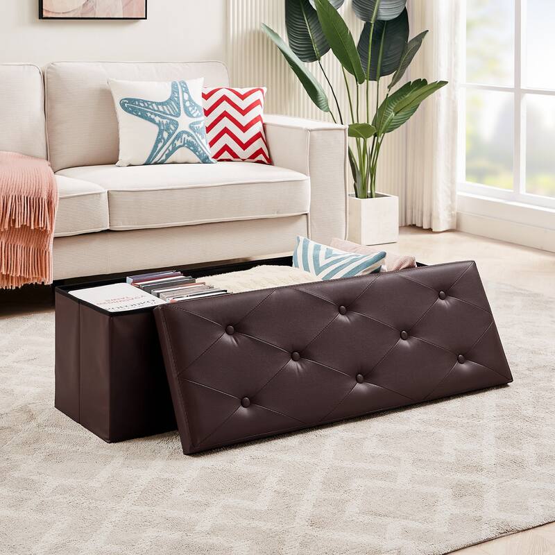 2 PC Storage Folding Ottoman, Storage Footrest Stool, Faux Leather Storage Bench Cube with Padded Seat for Small Space