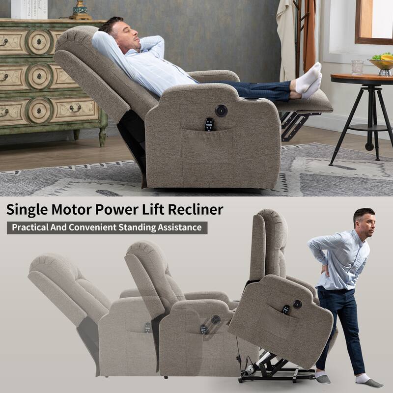 Grey Power Lift Recliner for Elderly with Massage & Heat, USB Charging Ports, Cup Holders, and Adjustable Reclining Positions