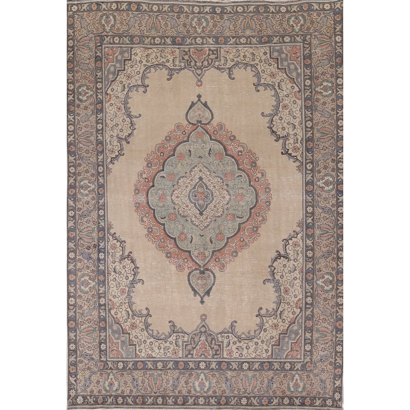 Distressed Tabriz Persian Vintage Area Rug Handmade Beige Wool Carpet - 7'10" x 11'1"