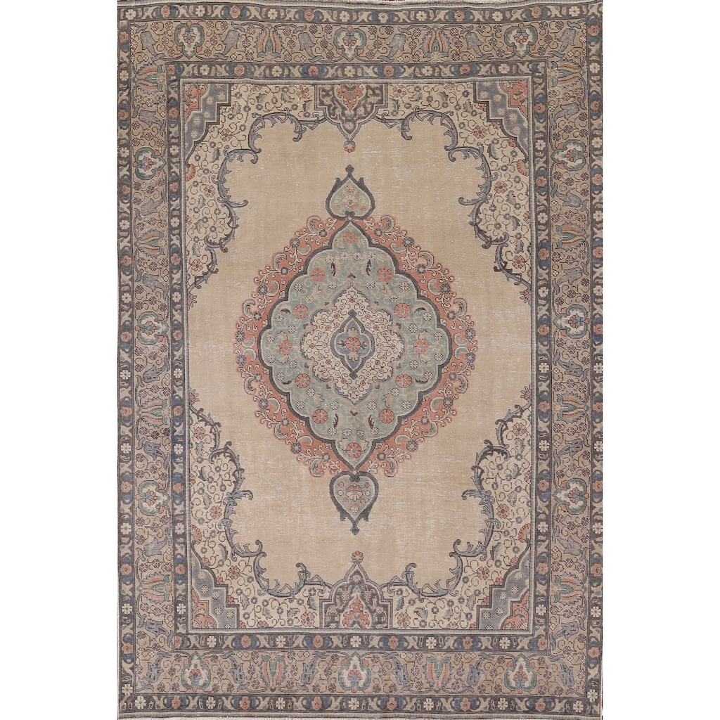 Distressed Tabriz Persian Vintage Area Rug Handmade Beige Wool Carpet - 7'10" x 11'1"