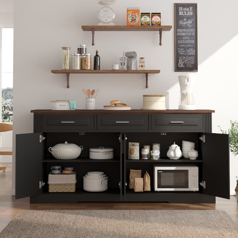 63" Fluted Farmhouse Credenza - Multi-Functional Storage Unit with Coffee Bar Top, 4 Cabinet Doors & 3 Organizational Drawers‌