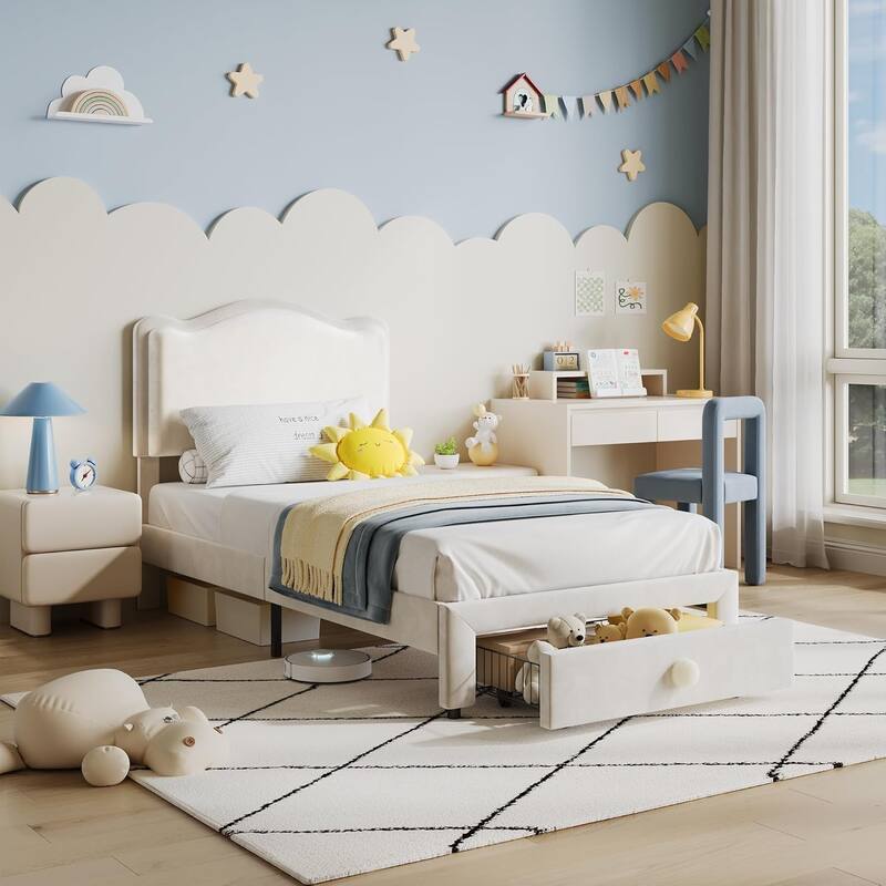 Upholstered Bed Frame for Kids with Storage Drawer and Scallop Headboard, No Box Spring Needed - Twin - Off White