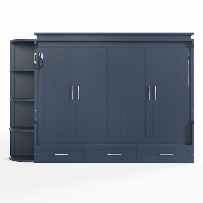 Murphy Platform Bed with Side Cabinets & Drawers, Wall Bed with Shelf for Home Office, Queen or Full