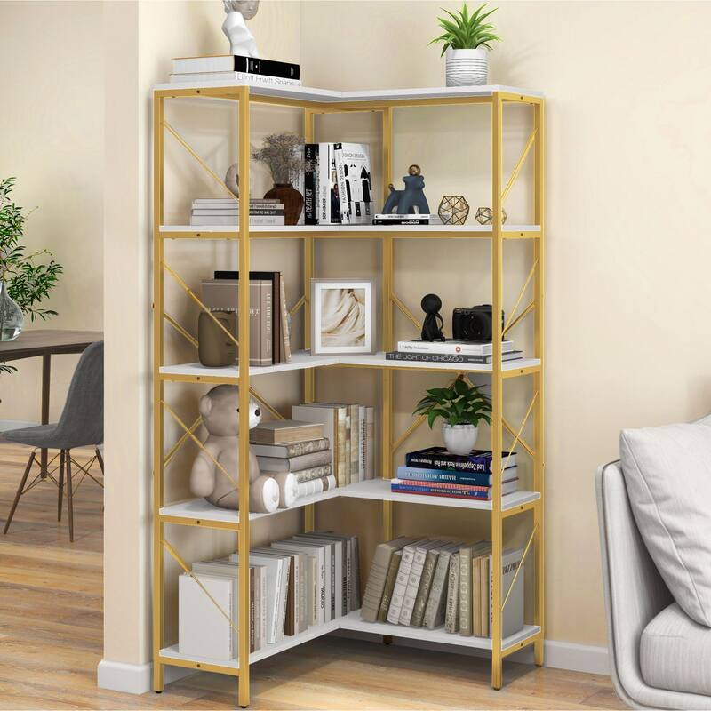 Moasis Industrial 5 Tier Corner Bookshelf Large 65 Inches Bookcase Display Corner Shelf - White/Gold