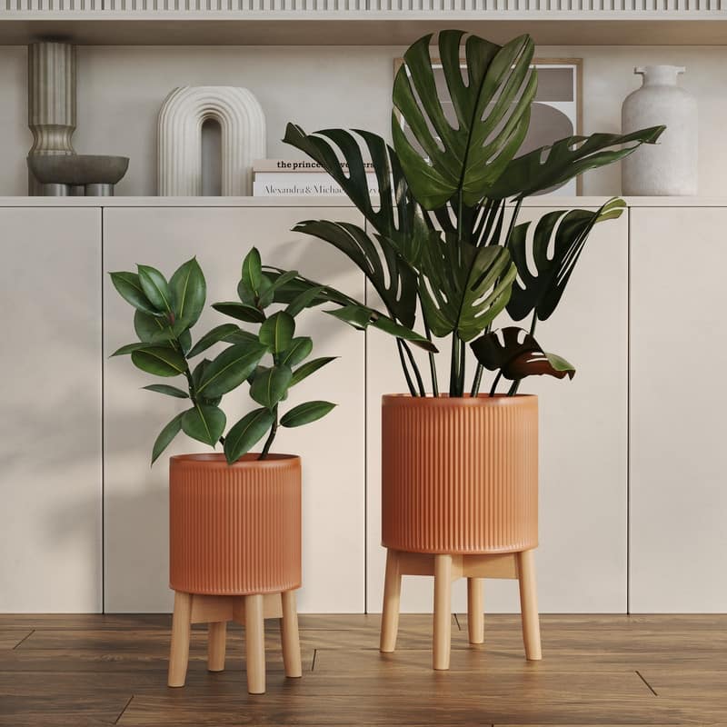 2-Piece Fluted Metal Planter Pot With 4-Leg Wood Base - Terracotta Color - 17"H x 10"W / 13.5"H x 8.5"W