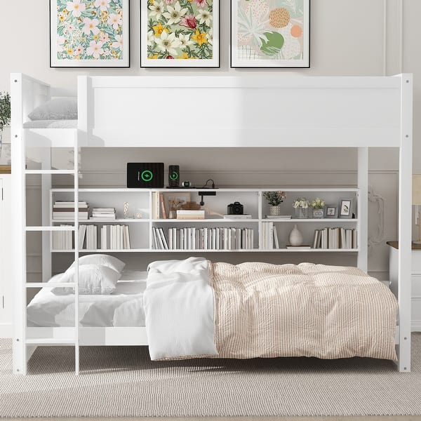 slide 2 of 28, Queen over Queen Bunk Bed Superior Quality Bed Frame with 6 Storage Cabinets, Built-in USB Ports and Standard Plug Outlets White - Queen