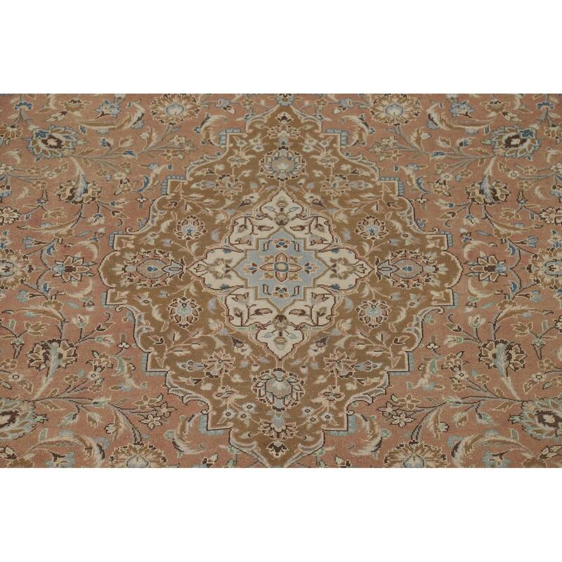 Traditional Kashan Vintage Persian Rug Hand-Knotted Pink Wool Carpet - 9'6" x 13'0"