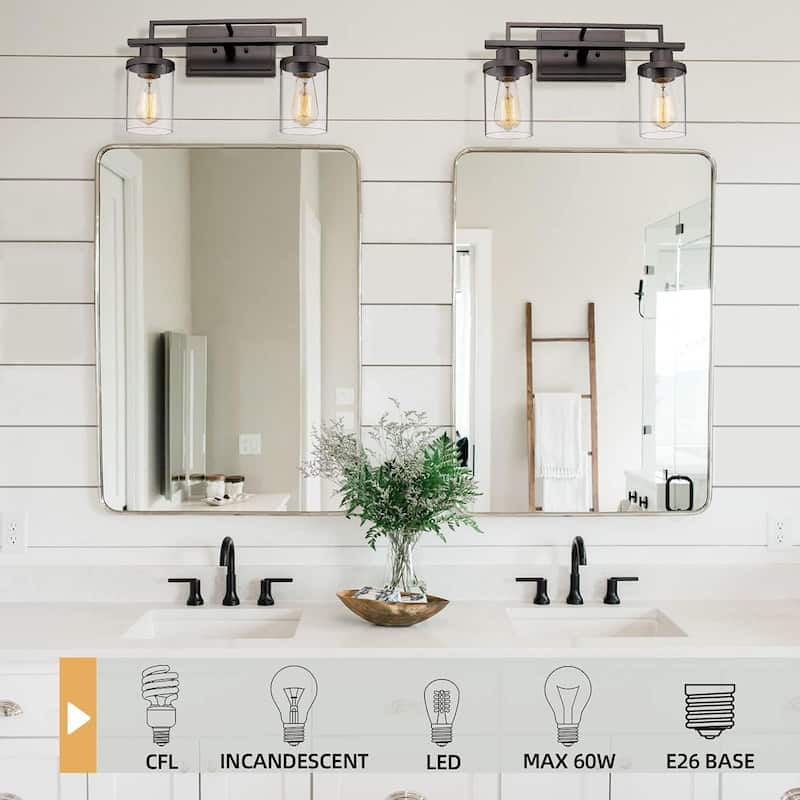 Farmhouse 2-Light Bathroom Vanity Light, Clear Glass