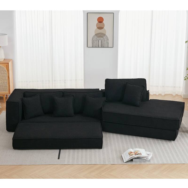 133" Lamb Velvet Convertible Sectional Sleeper Sofa with 7 Pillows