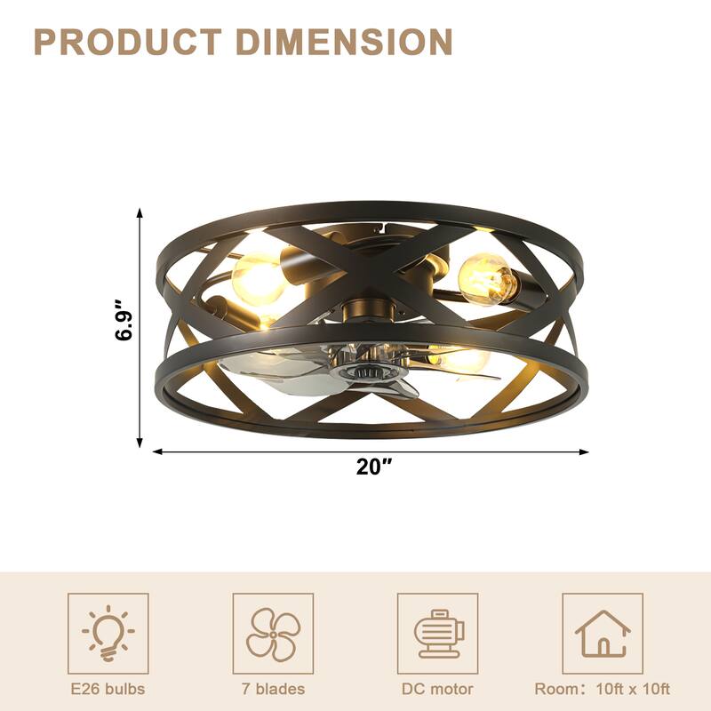 Bella Depot 20" Black Cage Flsuh Mount Ceiling Fan with Light and Remote