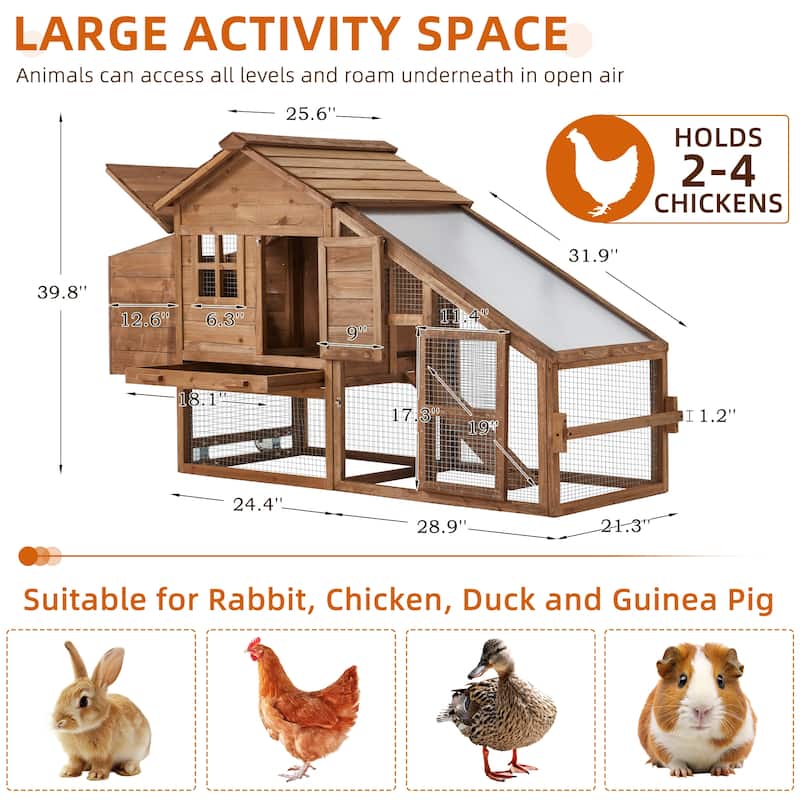 EROMMY Wooden Chicken Coop – 71” Mobile Poultry Tractor with Nesting Box, Wheels, Waterproof Roof & Pull-Out Tray - 71"x29"