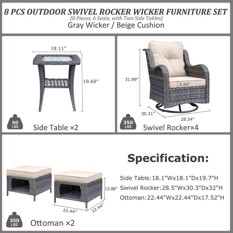 8-piece Wicker Patio Furniture Set with Swivel Chair and Patio Ottoman