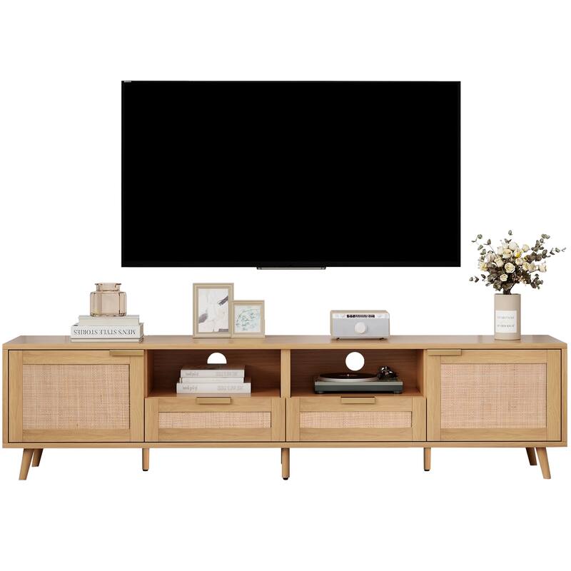 79" Rattan TV Stand for Living Room, Holds TVs Up to 85" - Farmhouse Media Console with Storage Cabinets & Open Shelves