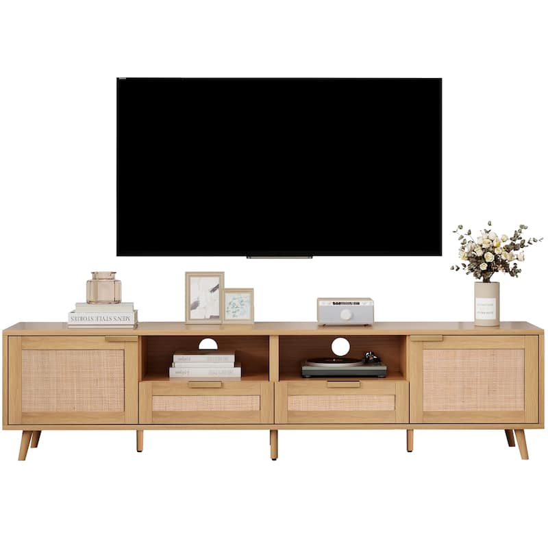 Rattan TV Stand for 85" TVs, Media Console with Solid Wood Legs, Spacious Storage, Cable Management