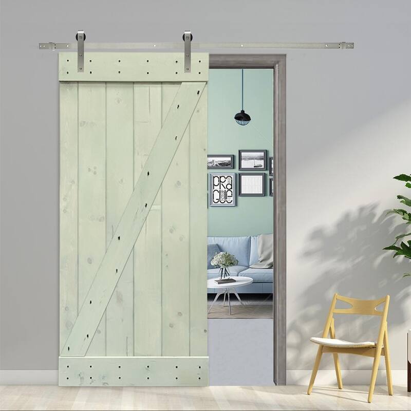 CALHOME Z Bar Series Solid Pine Wood Sliding Barn Door w/ Hardware Kit - Sage Green - 30 x 84