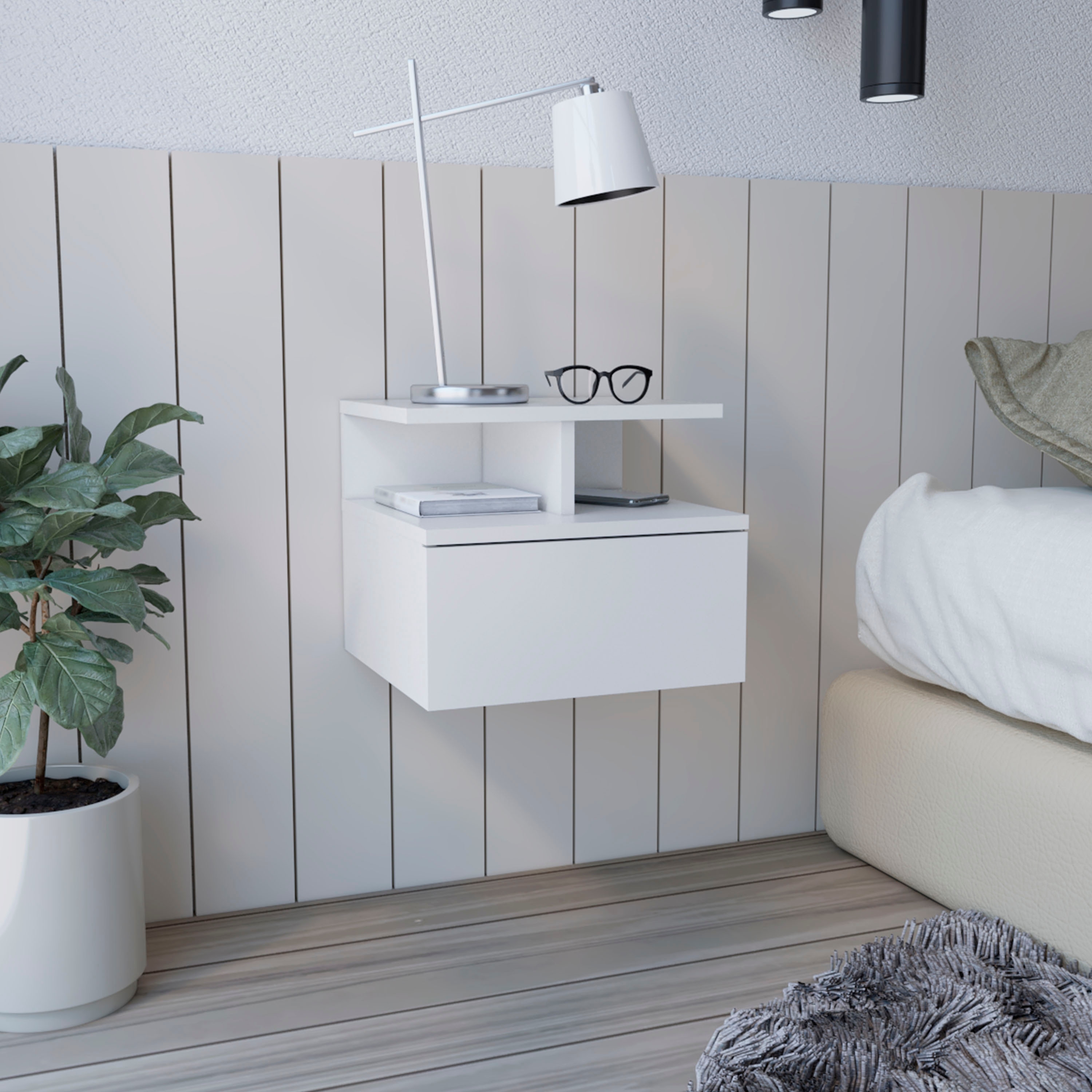 White One-Drawer Floating Nightstand with Top Shelf