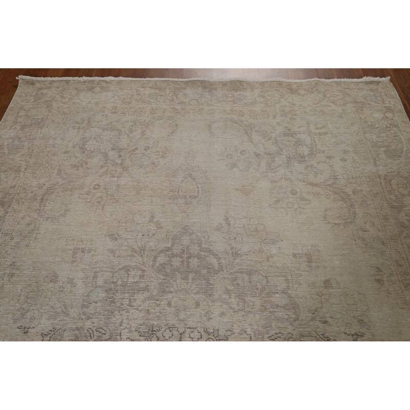Hand Knotted Oriental 100% Wool Carpet Traditional Floral Beige & Ivories Tabriz Area Rug - 9' 7'' X 6' 7''