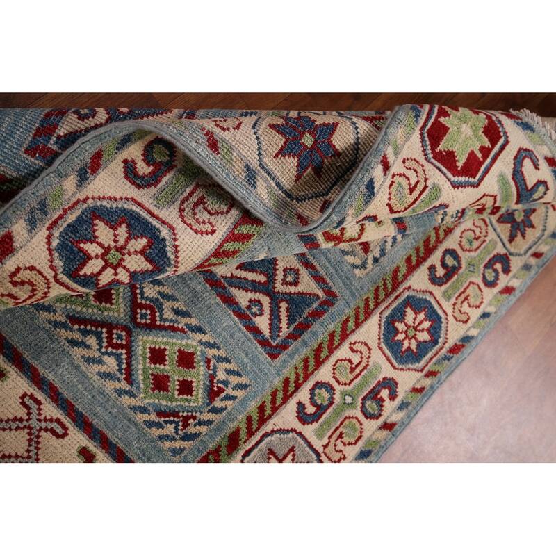 Blue Kazak Oriental Runner Rug Hand-Knotted Geometric Wool Carpet - 3'3" x 16'3"