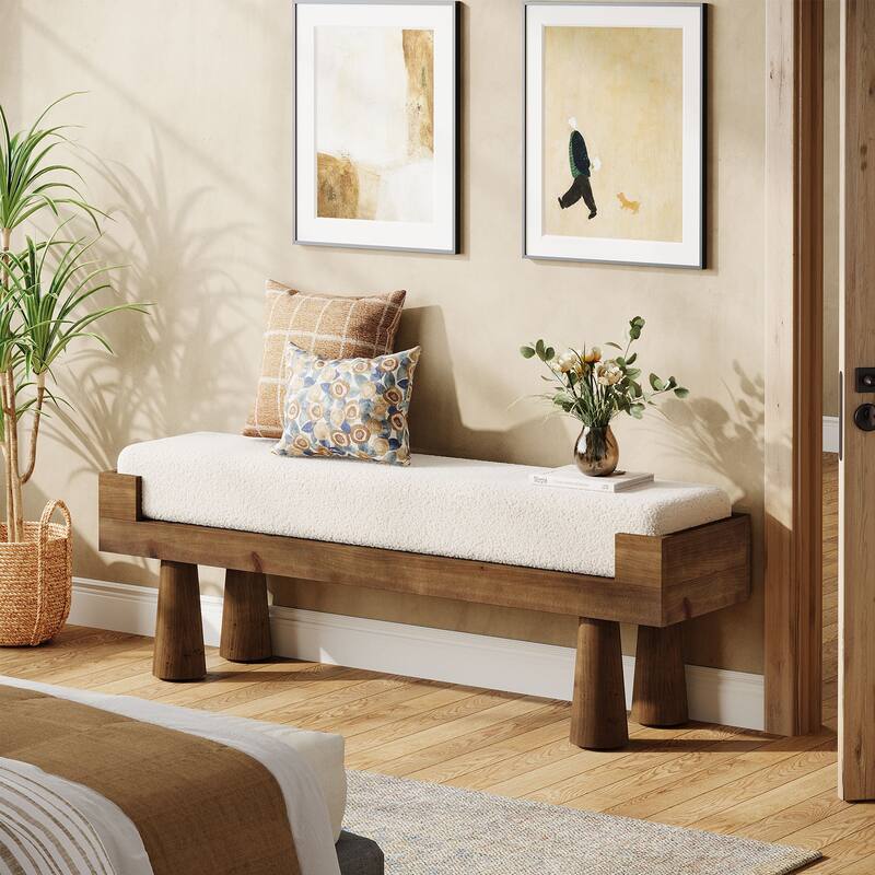 Solid Wood Bench with Cushion, 47.2'' Modern Bench for Bedroom Entryway