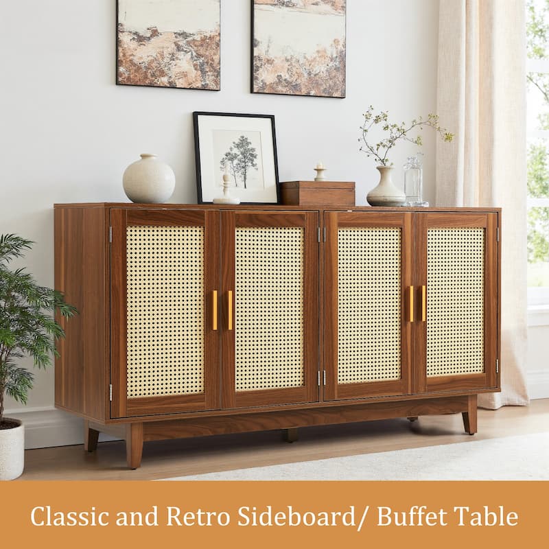 Rattan Accent Cabinet Storage Sideboard Buffet with 4 Doors