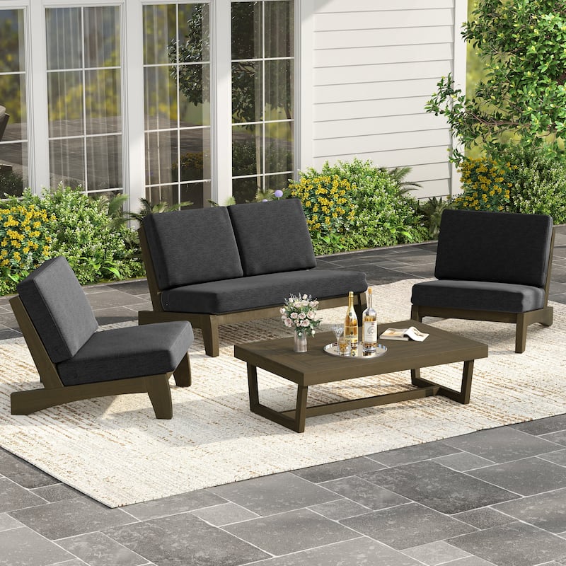 4Piece Wood Outdoor Loveseat Chair Conversation Set with Table Cushion