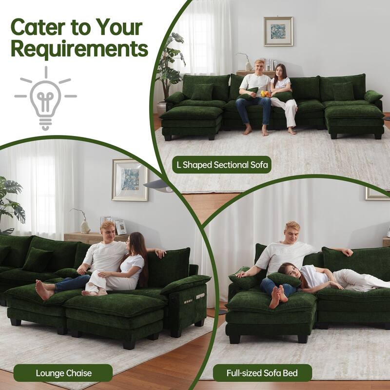 144" Modular Compression Sofa Set Convertible Sectional Sleeper Couch with 2 Ottomans