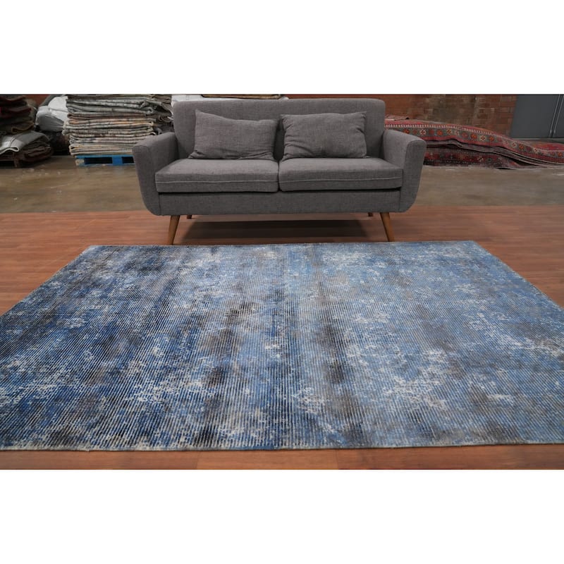 Hand Knotted Oriental Viscose Silk Carpet Modern Abstract Navy Blue & Blues Abstract Area Rug - 7' 10'' X 5' 5''