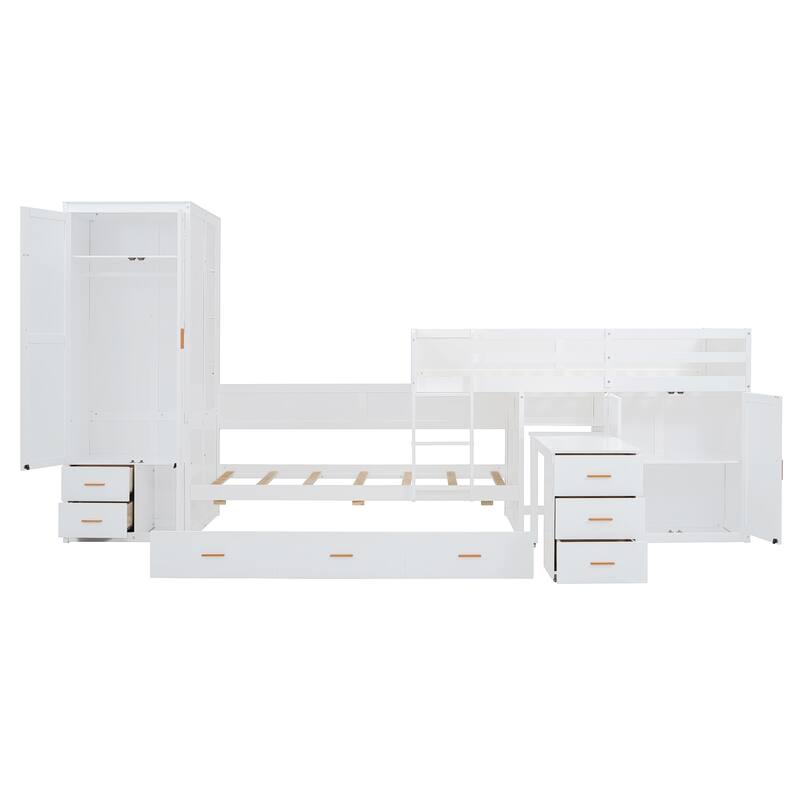 Multifunctional Twin Bunk Bed with Trundle, 5 Storage Drawers, Wardrobe, and Desk - White/Gray
