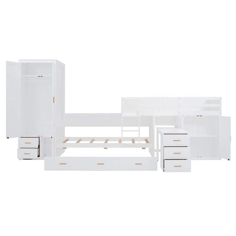 Twin Size Bunk Bed with Trundle, Desk, Wardrobe, Drawers & Storage - Space-Saving Wooden Frame, for Kids Bedroom