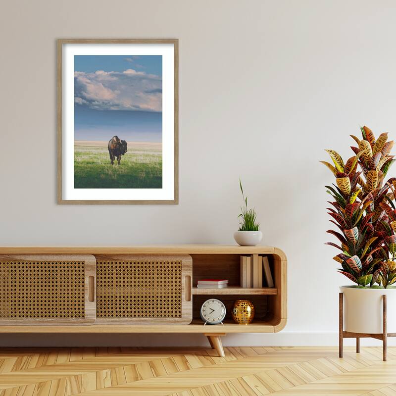 Sunlight Bison by Annie Bailey Art Wood Framed Wall Art Print - Woodgrain Stripe Mocha