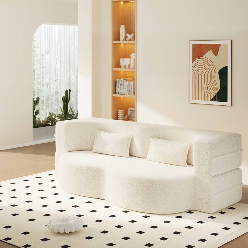 Modern Floor Sofa with 2 Pillows,Convertible Teddy Fabric Foam-Filled Sleeper Sofa Bed