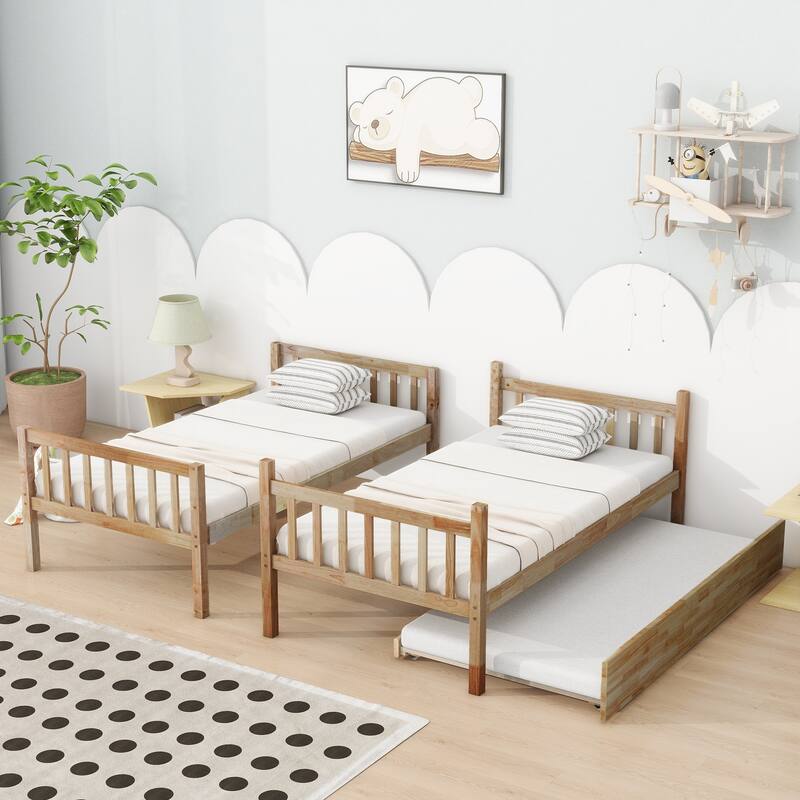 Roomfitters Twin Over Twin Rubber Wood Bunk Bed with Trundle, Convertible to Two Twin Beds, Ladder and Guardrails