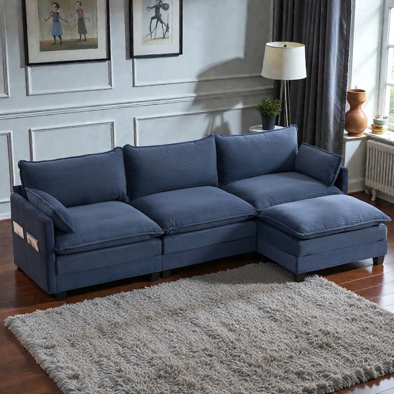 Oversized Modular Sectional Sofa with Ottoman, 102 Inch 4 Seat Corduroy L Shaped Couch for Living Room - Navy