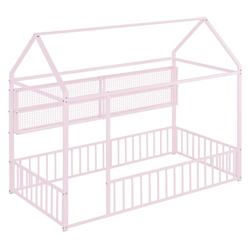 Twin Metal House Bed Frame with Storage Shelves & Fence