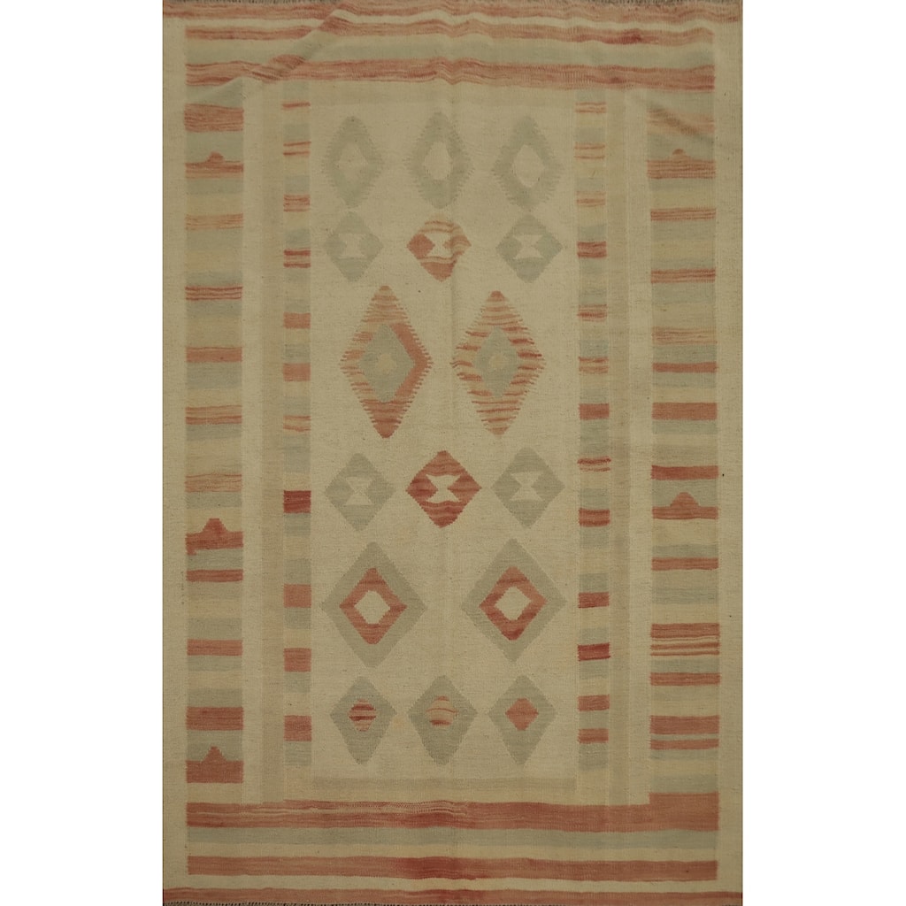 Hand Woven Oriental 100% Wool Carpet Southwestern Tribal Beige & Ivories Kilim Area Rug - 6' 9'' X 4' 8''