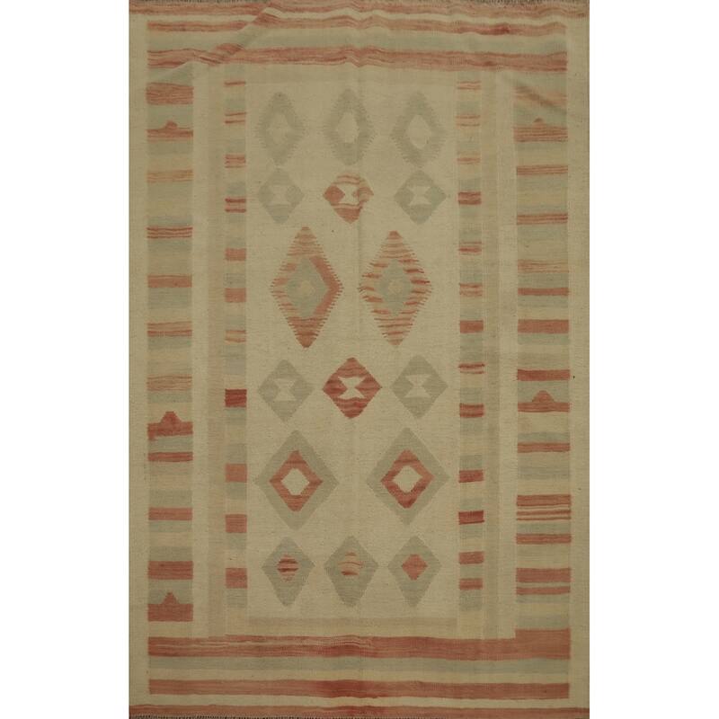 Hand Woven Oriental 100% Wool Carpet Southwestern Tribal Beige & Ivories Kilim Area Rug - 6' 9'' X 4' 8''